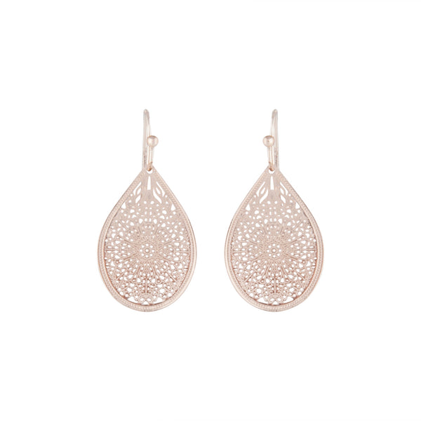 Rose Gold Filigree Lace Tear Drop Earrings