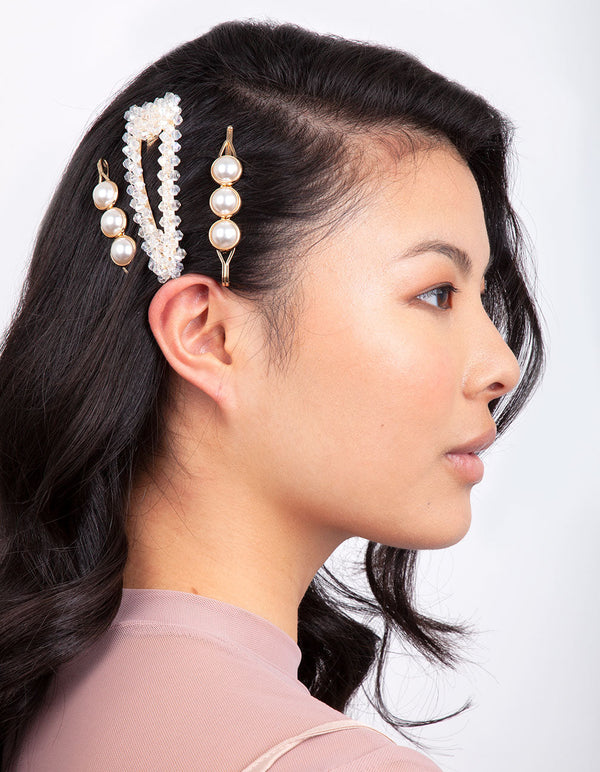 Gold Pearl Bead Hair Clip Pack