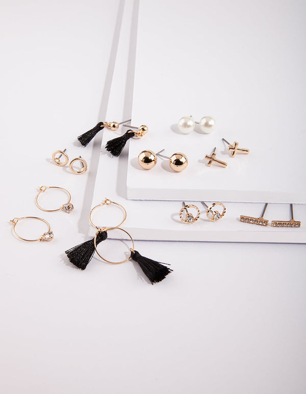 Gold Pearl Tassel Earring 9 Pack