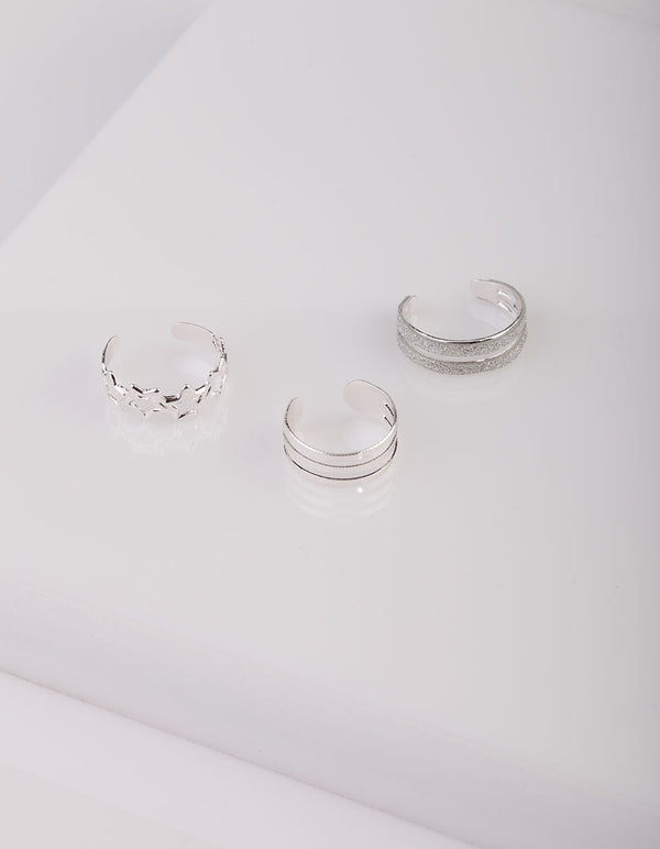 Silver Glitter Star Toe Ring 3 Pack