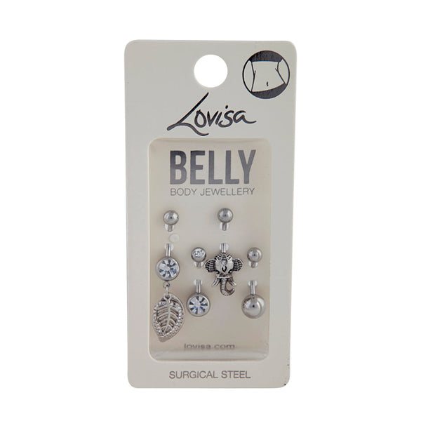 Rhodium Surgical Steel Leaf Elephant Belly Bar 4-Pack