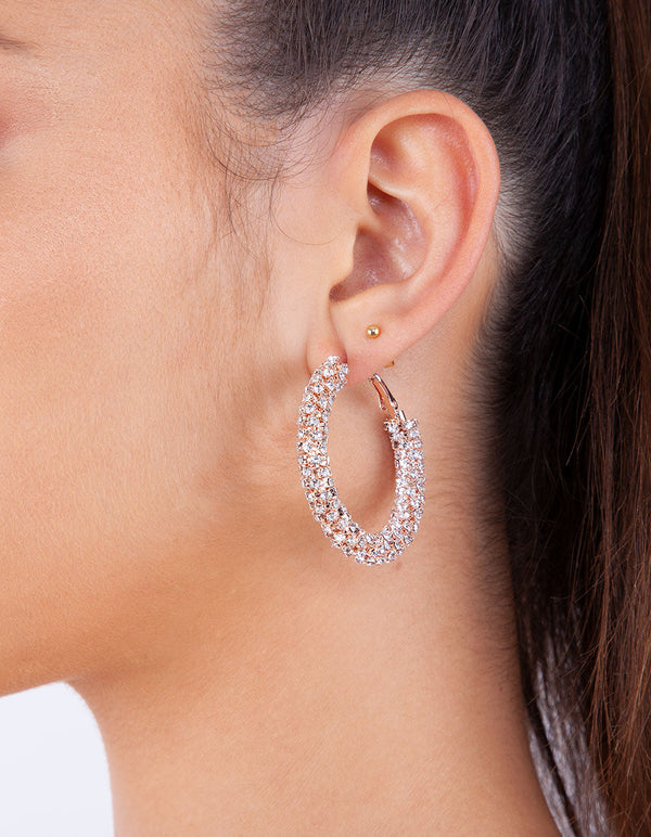 Rose Gold Diamante Cup Chain Hoop Earrings