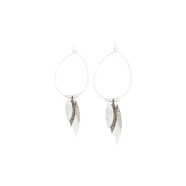 Mixed Metal Filigree Leaf Drop Silver Hoop Earrings
