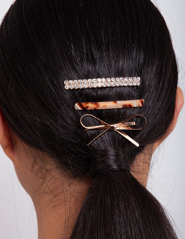 Rose Gold Diamante Bow Hair Clip Pack