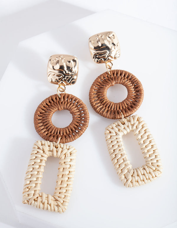 Gold and Brown Raffia Geometric Drop Earrings