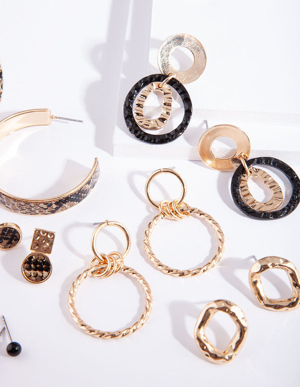 Black Gold Snake Hoop Drop Earring 6 Pack