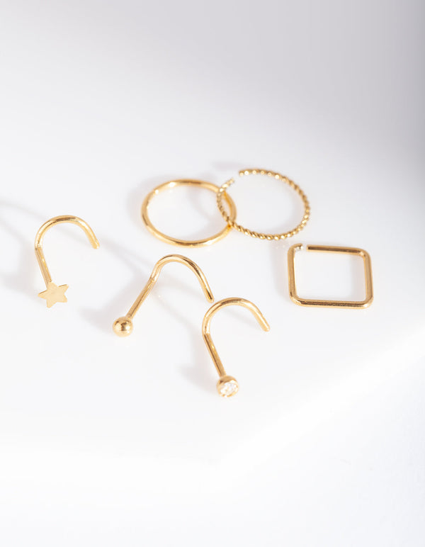 Gold Multi Twist Nose Ring 6 Pack