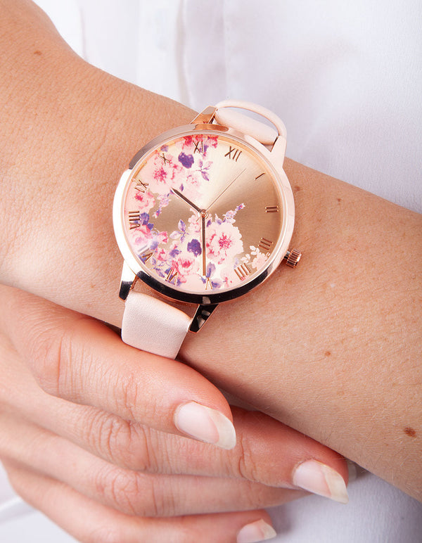 Pink Floral PU Strap Watch