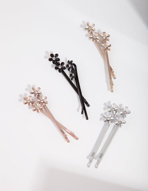 Mixed Metal Diamante Flower Pin 8 Pack