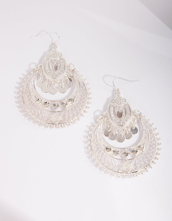 Silver Diamante Disc Bohemian Earrings
