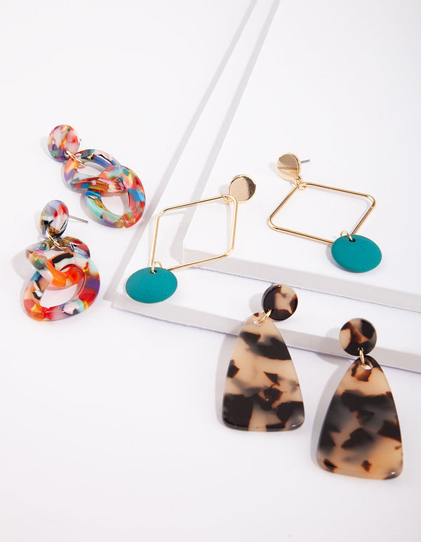 Acrylic Multi Coloured Drop Earring 3 Pack