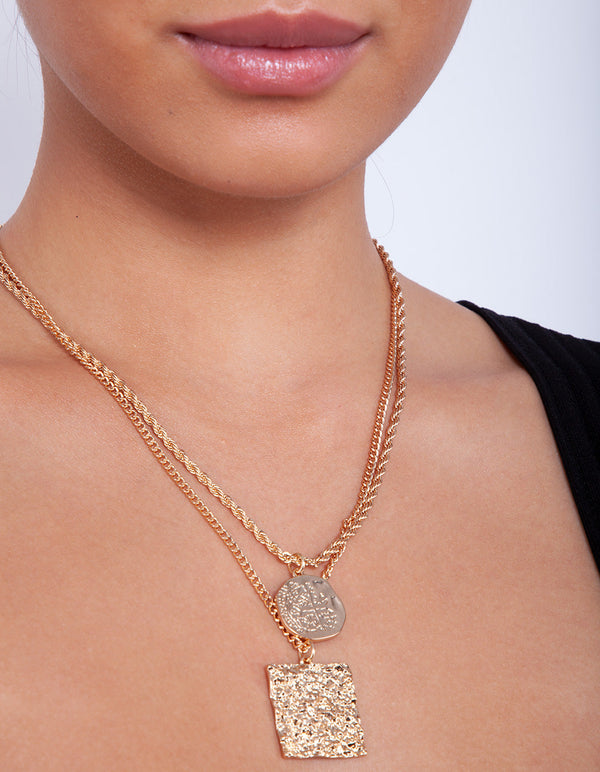 Gold Textured Pendant Necklace Duo