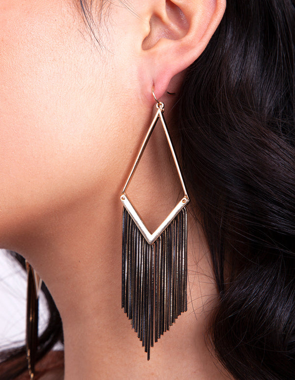 Gold Black Chain Tassel Earrings