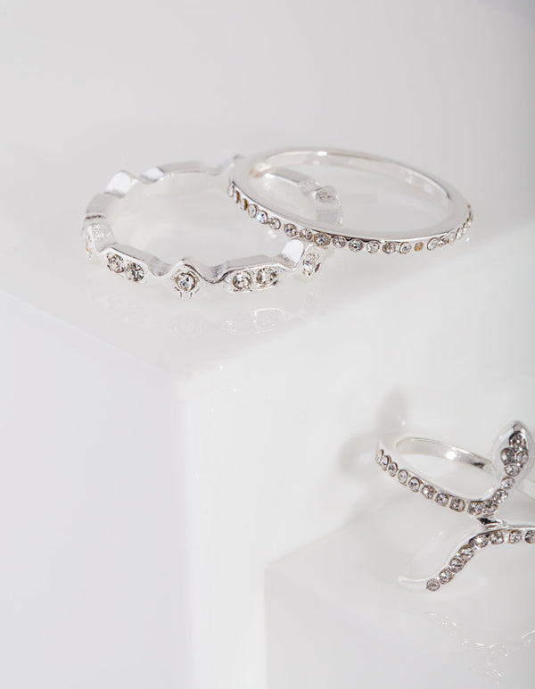 Silver Diamante Snake Ring Pack