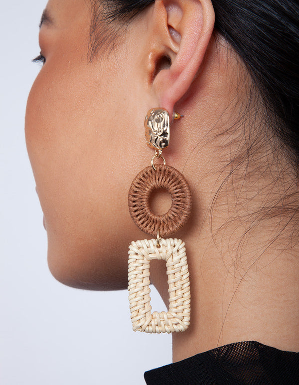Gold and Brown Raffia Geometric Drop Earrings