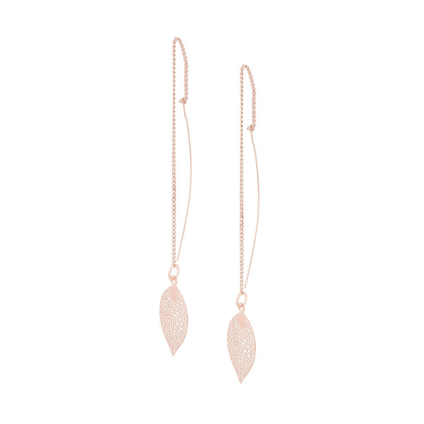 Rose Gold Filigree Leaf Thread Through Earrings