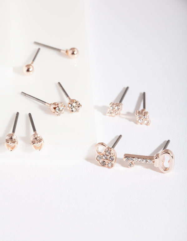 Rose Gold Lock Key Earring 5 Pack