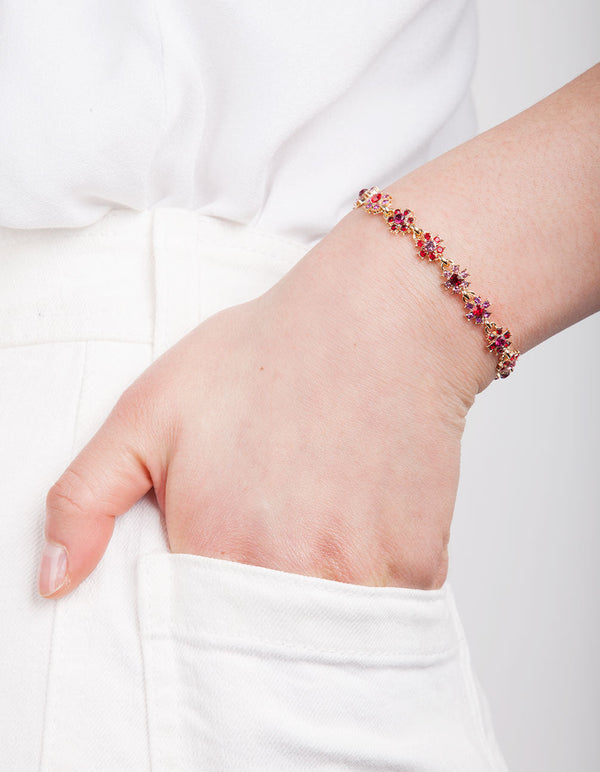 Gold Red Gem Floral Bracelet