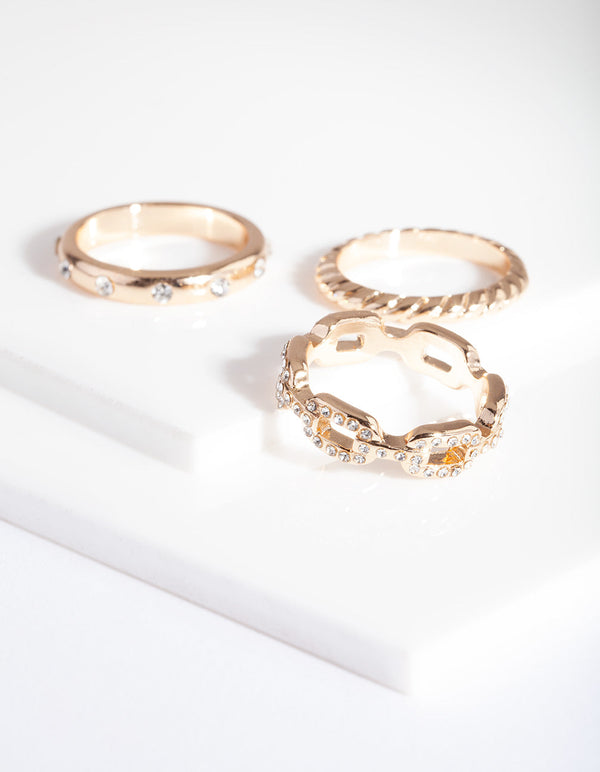 Gold Diamante Chain Ring 3 Pack
