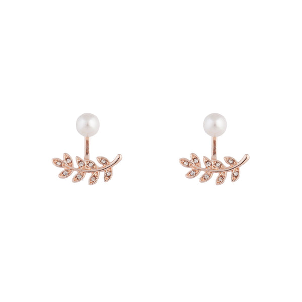 Rose Gold Diamante Pearl Leaf Earrings