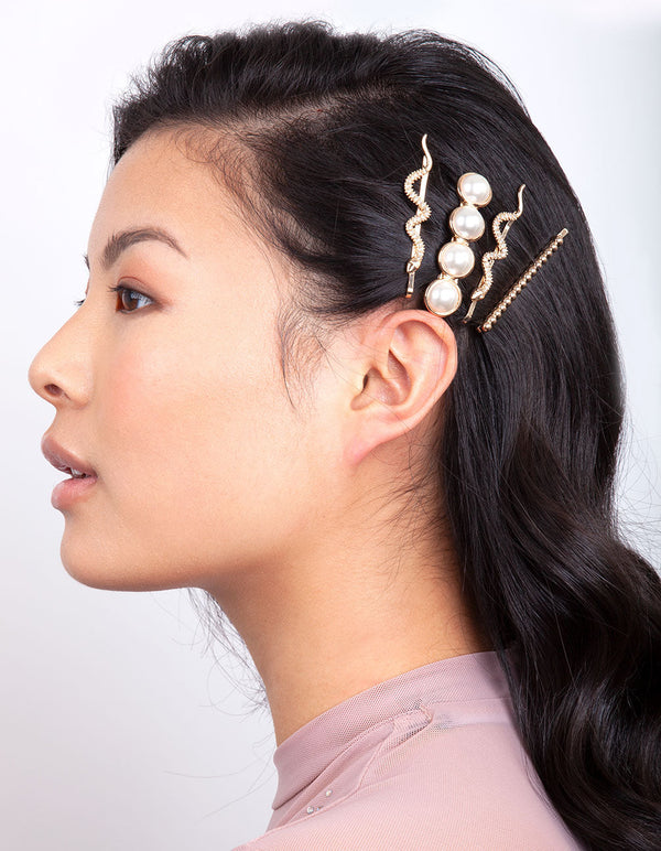 Gold Snake Pearl Hair Clip Pack
